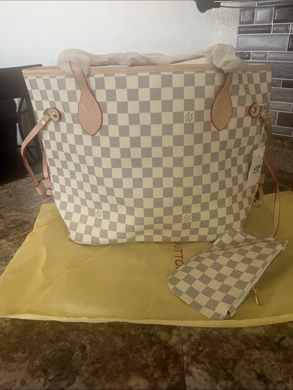 Louis Vuitton Damier Azur Canvas Neverfull Tote in Cream and Tan